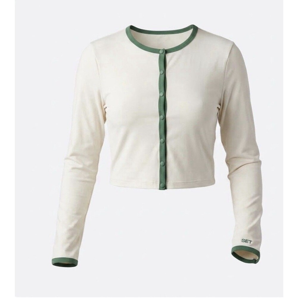 SET Active Womens XL Activewear Cardigan Beige Green Trim Button Tenniscore